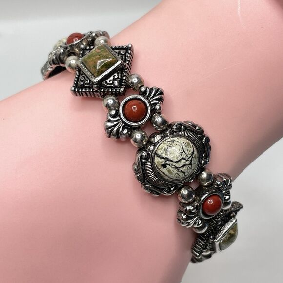 Vintage Retired Premier Design Jasper Epidote Cabochon Bezel Setting Bracelet - Picture 1 of 8